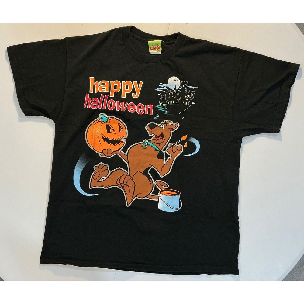 VTG Y2K Scooby-Doo‎ Happy Halloween Pumpkin Shirt Mens XL Black Cartoon Network